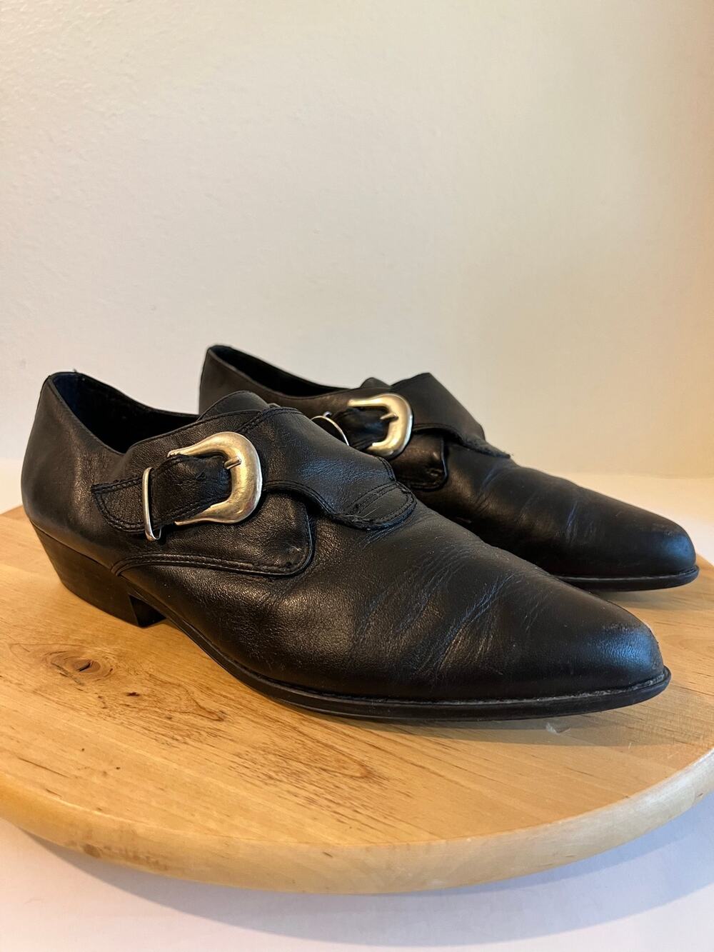 Vintage Western Black Genuine Leather Low Top Buckle Pointed Toe Boot Size 10